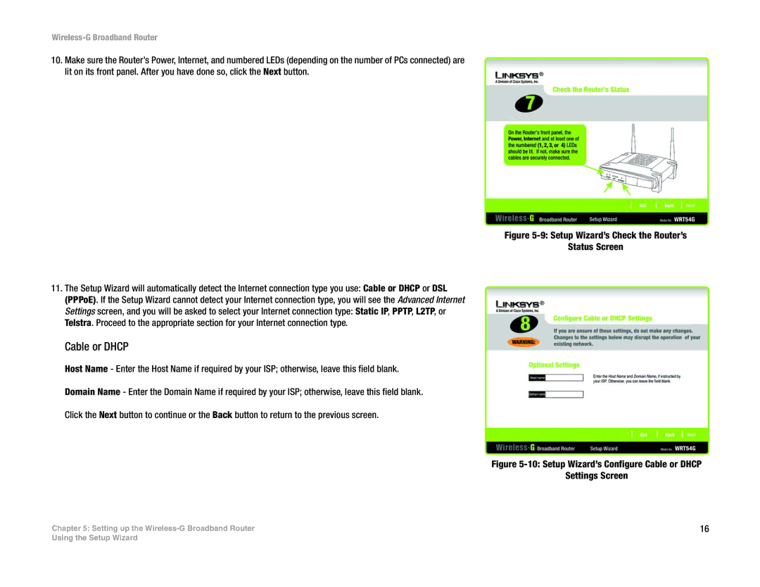 Linksys WRT54GL (EU/LA) manual Cable or Dhcp, Setup Wizard’s Check the Router’s Status Screen 