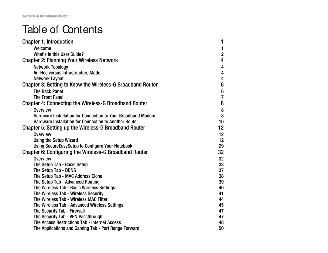 Linksys WRT54GL (EU/LA) manual Table of Contents 