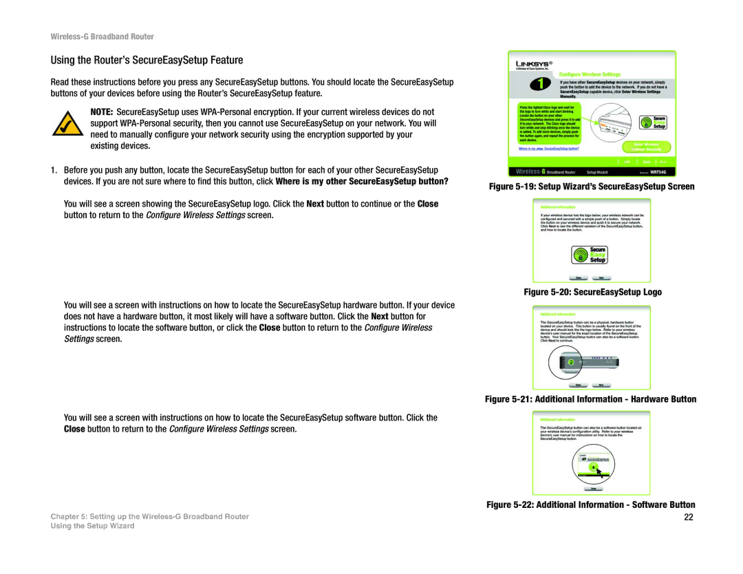 Linksys WRT54GL (EU/LA) manual Using the Router’s SecureEasySetup Feature, Setup Wizard’s SecureEasySetup Screen 