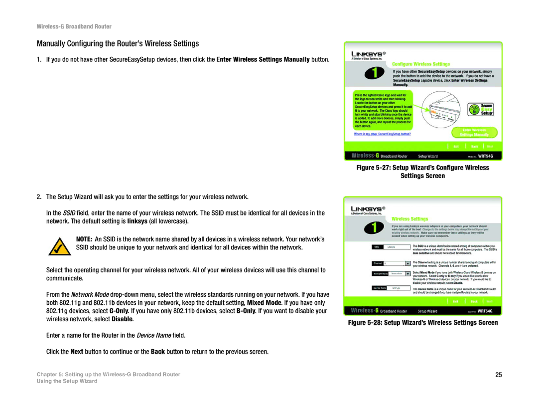 Linksys WRT54GL (EU/LA) manual Manually Configuring the Router’s Wireless Settings 