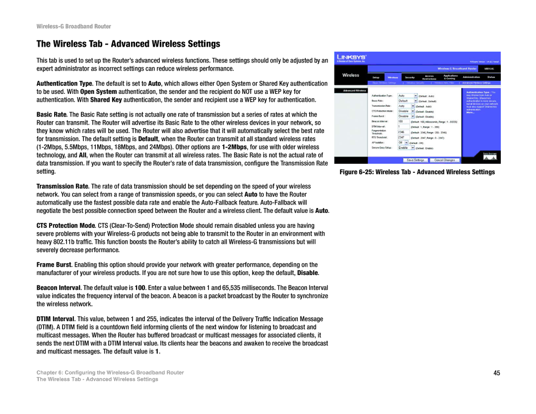 Linksys WRT54GL (EU/LA) manual Wireless Tab Advanced Wireless Settings 
