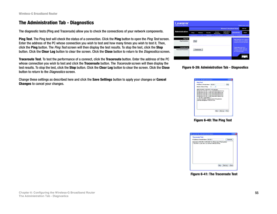 Linksys WRT54GL (EU/LA) manual Administration Tab Diagnostics 