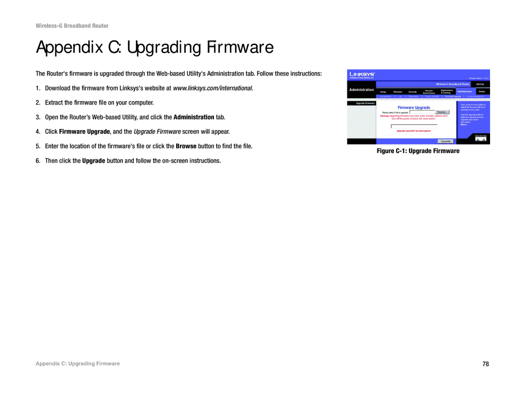 Linksys WRT54GL (EU/LA) manual Appendix C Upgrading Firmware 