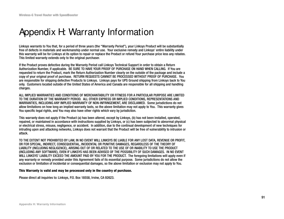 Linksys WRT54GL (EU/LA) manual Appendix H Warranty Information 