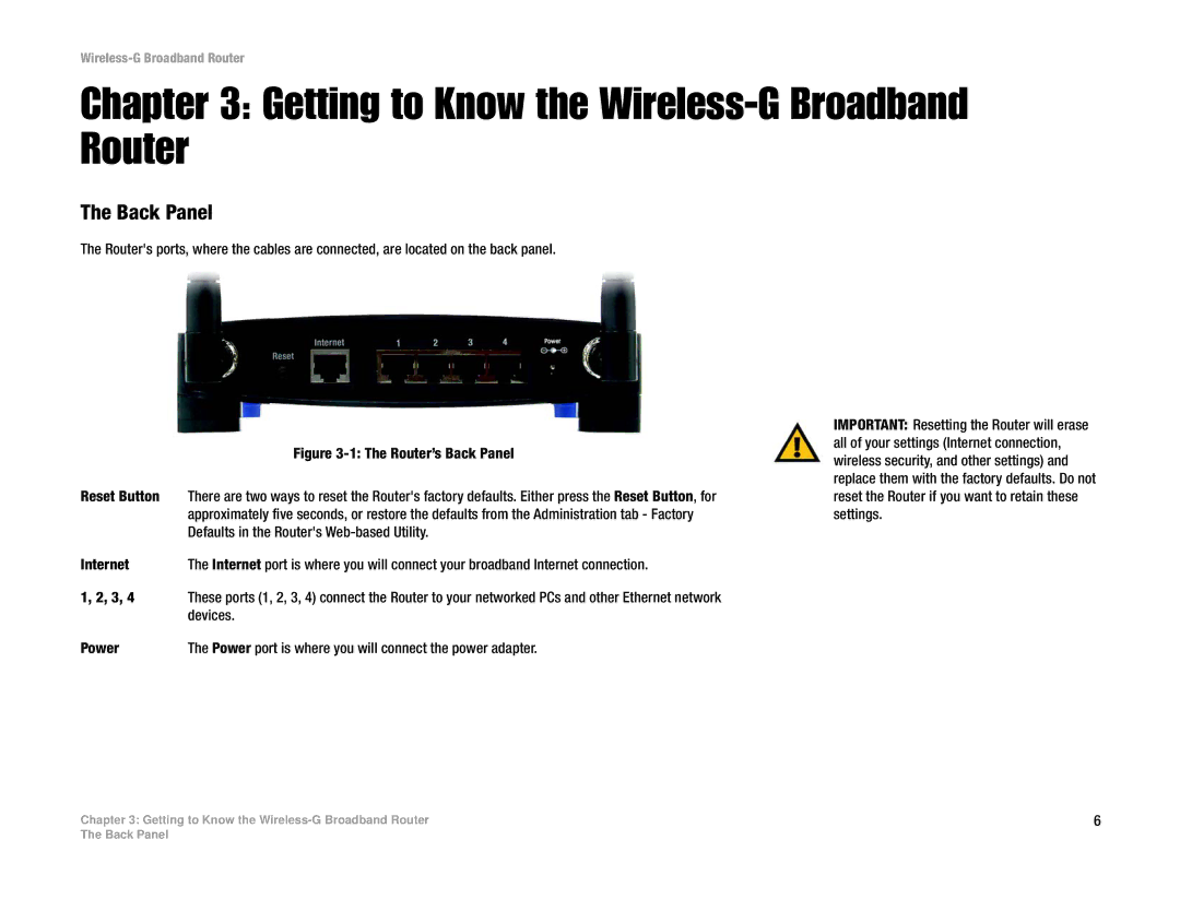 Linksys WRT54GL manual Getting to Know the Wireless-G Broadband Router, Back Panel 