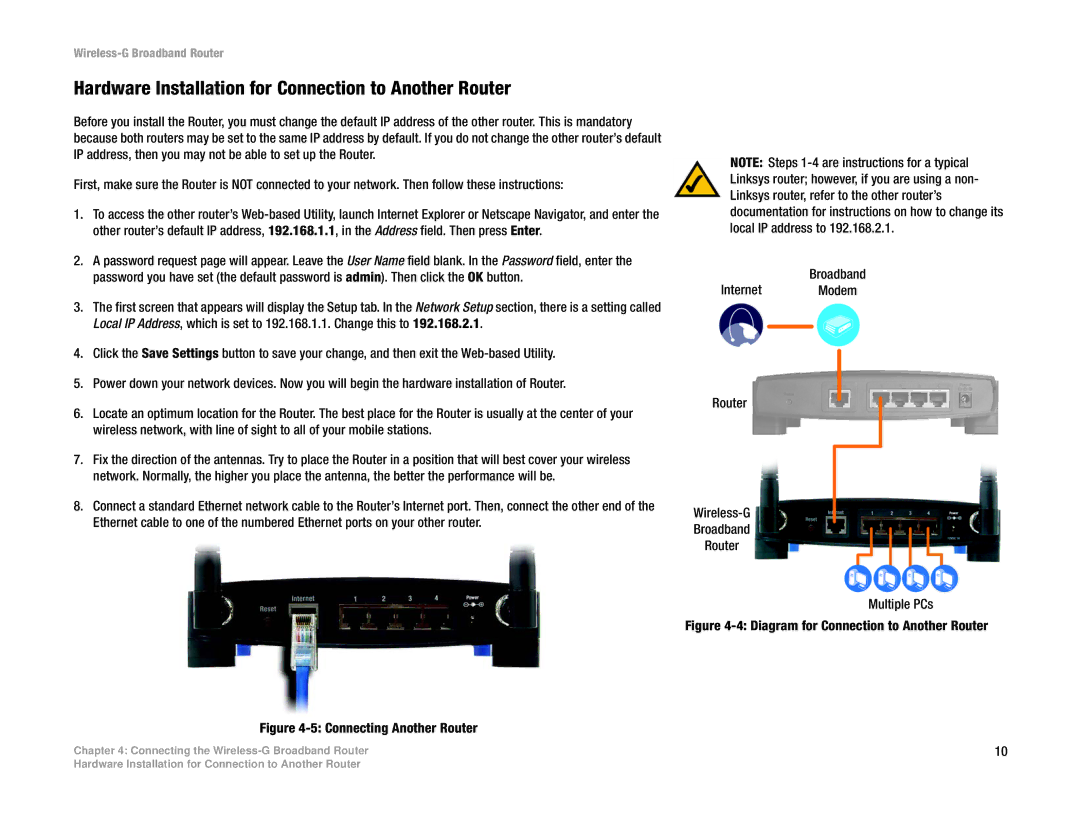 Linksys WRT54GL manual Hardware Installation for Connection to Another Router, Connecting Another Router 