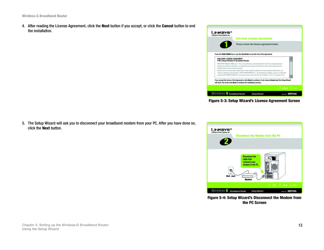 Linksys WRT54GL manual Setup Wizard’s Disconnect the Modem from PC Screen 