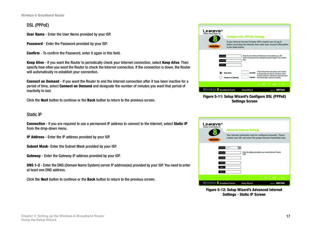 Linksys WRT54GL manual DSL PPPoE, Static IP 