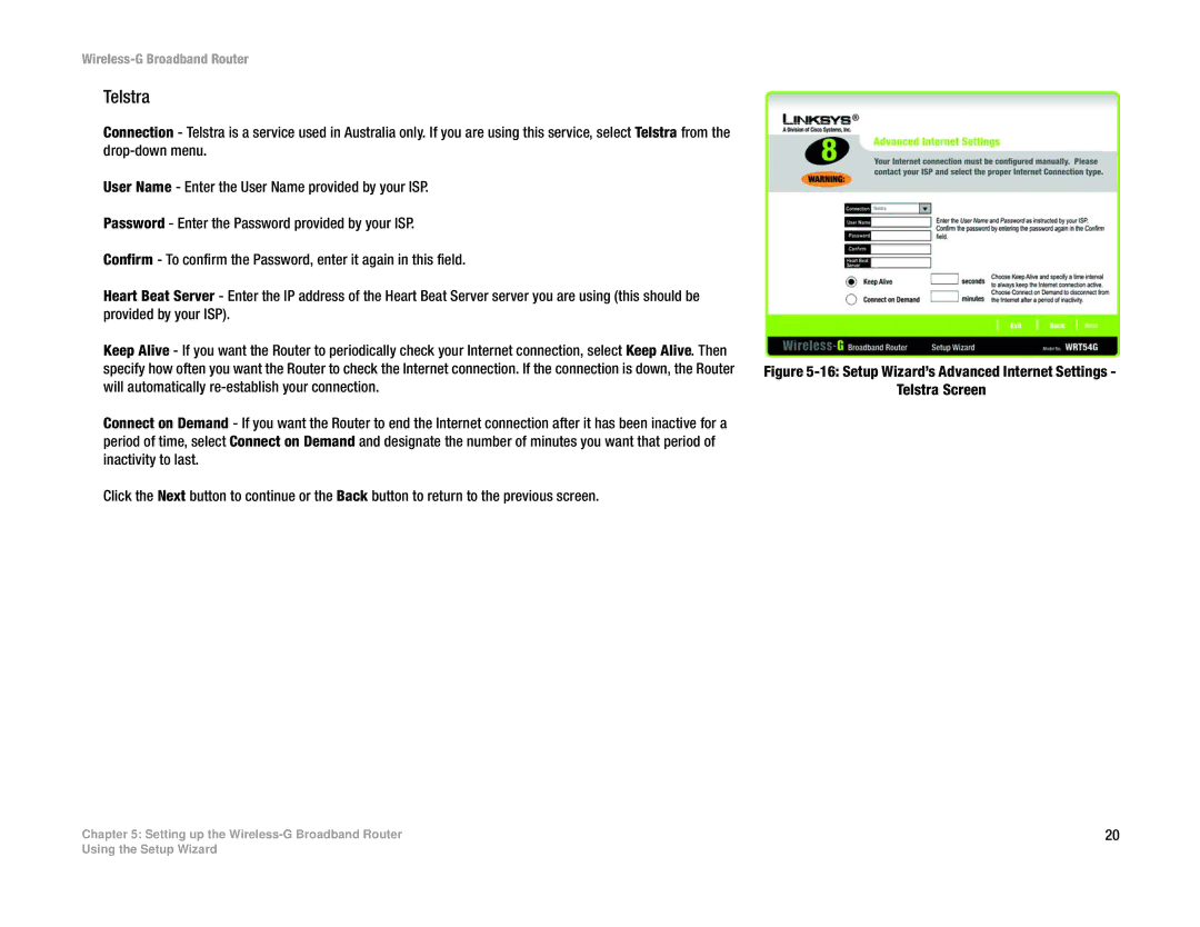 Linksys WRT54GL manual Setup Wizard’s Advanced Internet Settings Telstra Screen 