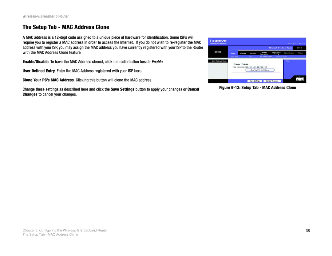 Linksys WRT54GL manual Setup Tab MAC Address Clone 