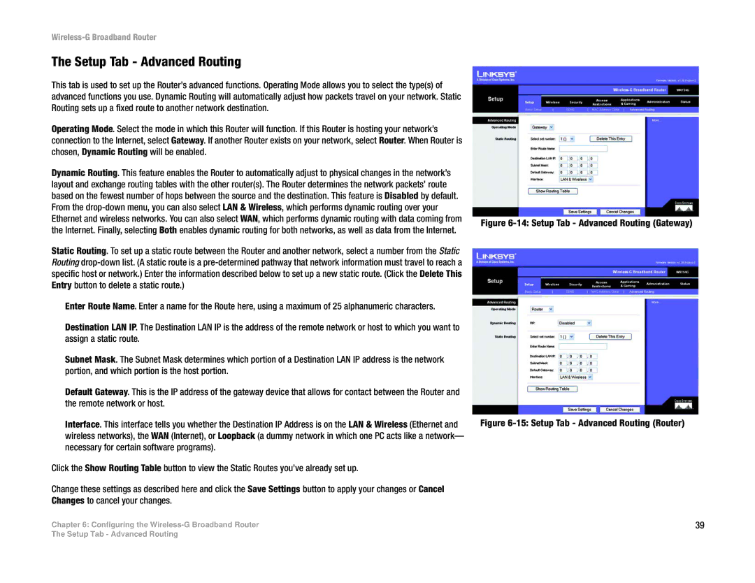 Linksys WRT54GL manual Setup Tab Advanced Routing Gateway 