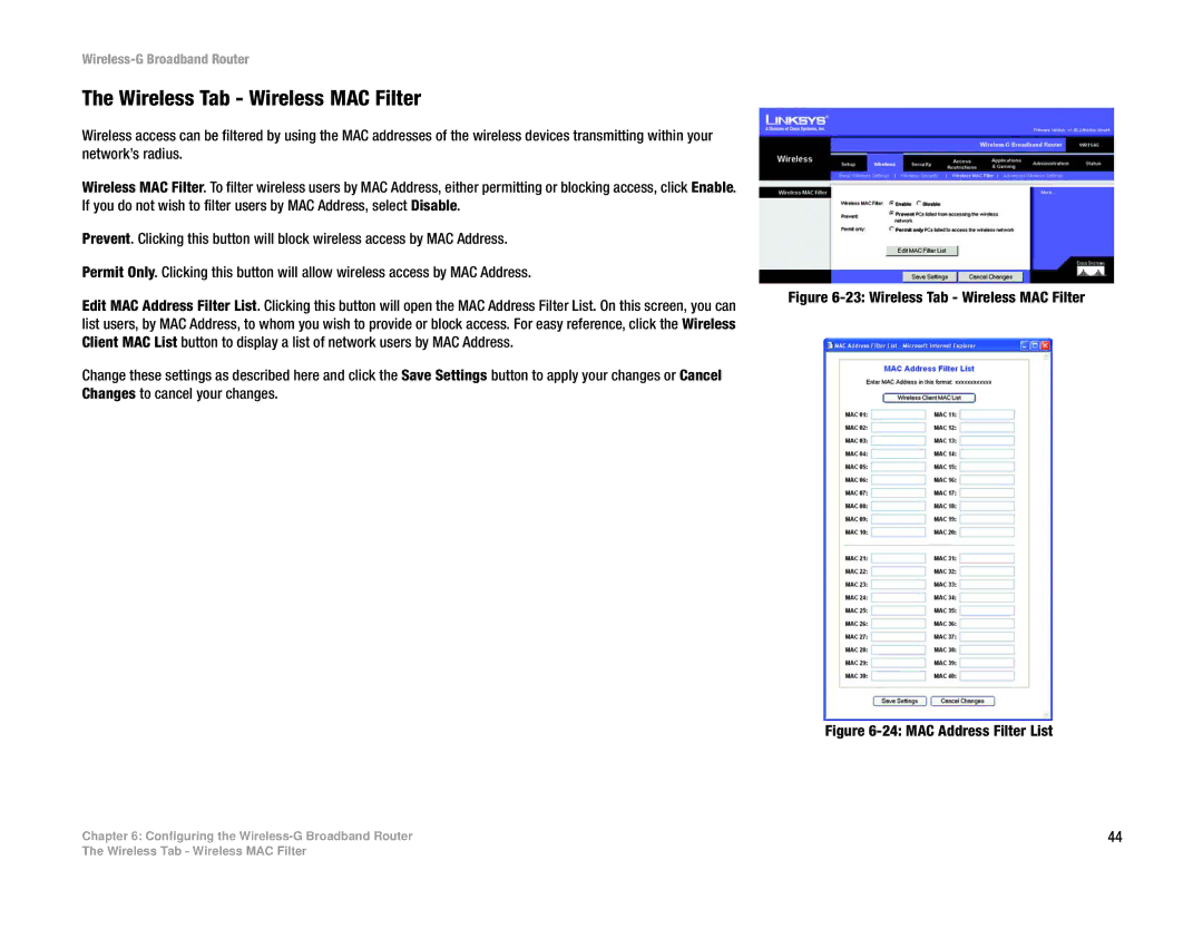 Linksys WRT54GL manual Wireless Tab Wireless MAC Filter 