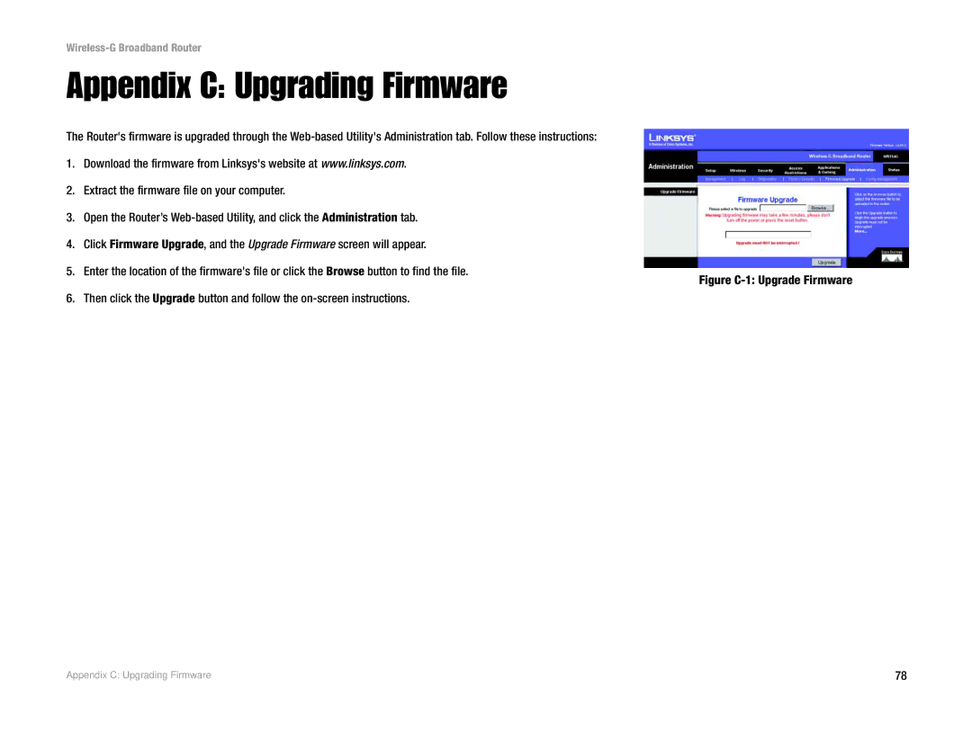 Linksys WRT54GL manual Appendix C Upgrading Firmware 