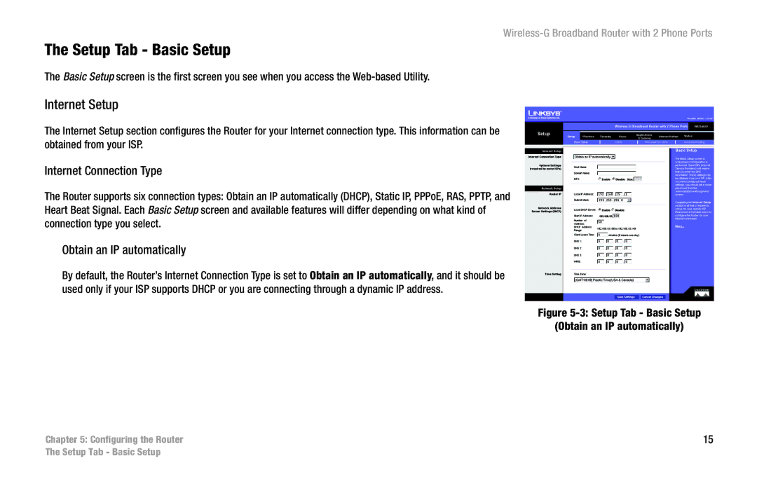 Linksys WRT54GP2 manual Setup Tab Basic Setup, Internet Setup, Internet Connection Type, Obtain an IP automatically 