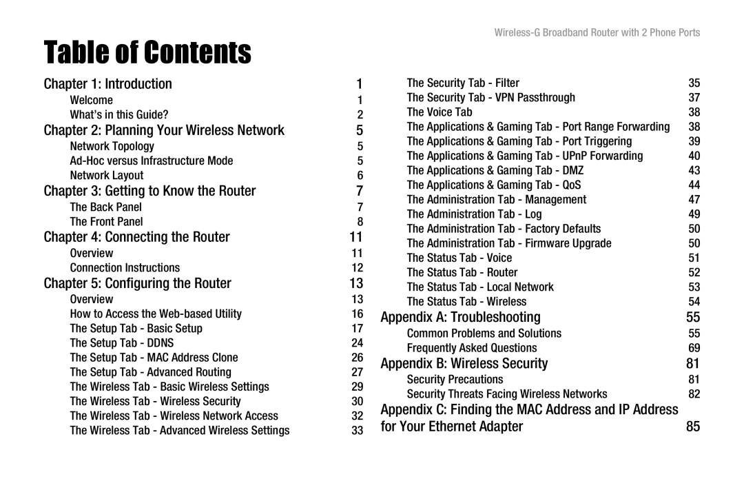 Linksys WRT54GP2 manual Table of Contents 