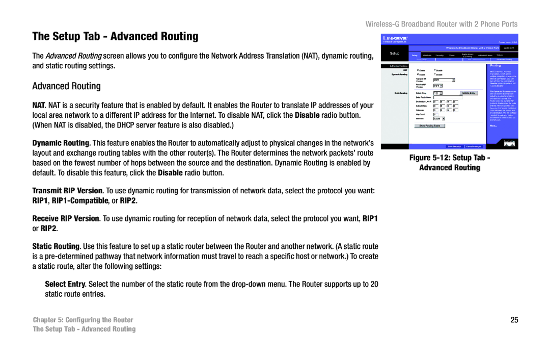 Linksys WRT54GP2 manual Setup Tab Advanced Routing 