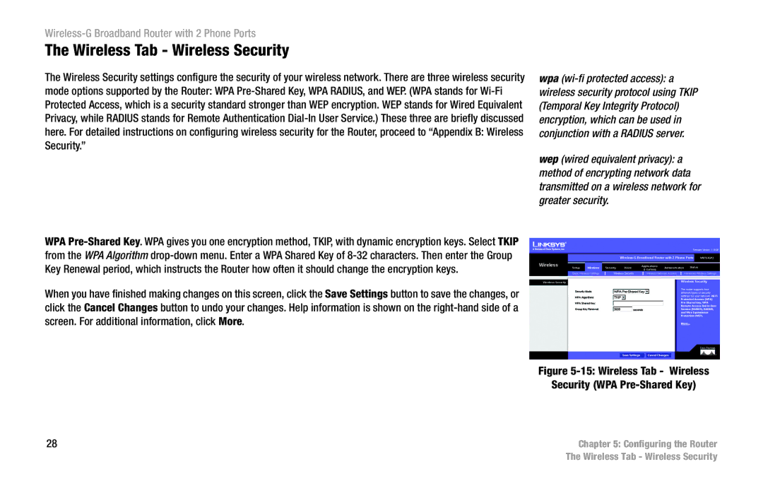 Linksys WRT54GP2 manual Wireless Tab Wireless Security WPA Pre-Shared Key 