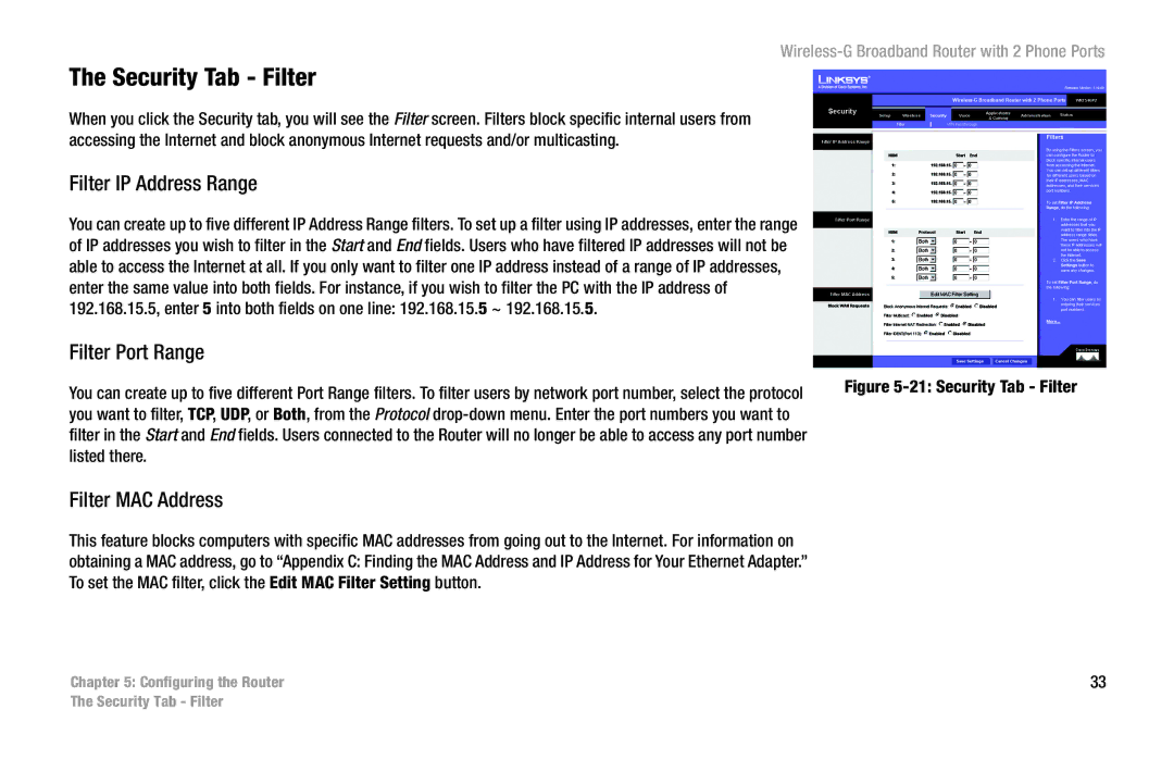 Linksys WRT54GP2 manual Security Tab Filter, Filter IP Address Range, Filter Port Range, Filter MAC Address 