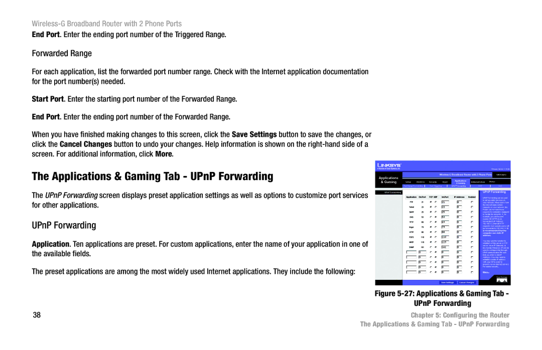 Linksys WRT54GP2 manual Applications & Gaming Tab UPnP Forwarding, Forwarded Range 