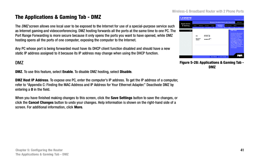 Linksys WRT54GP2 manual Applications & Gaming Tab DMZ, Dmz 