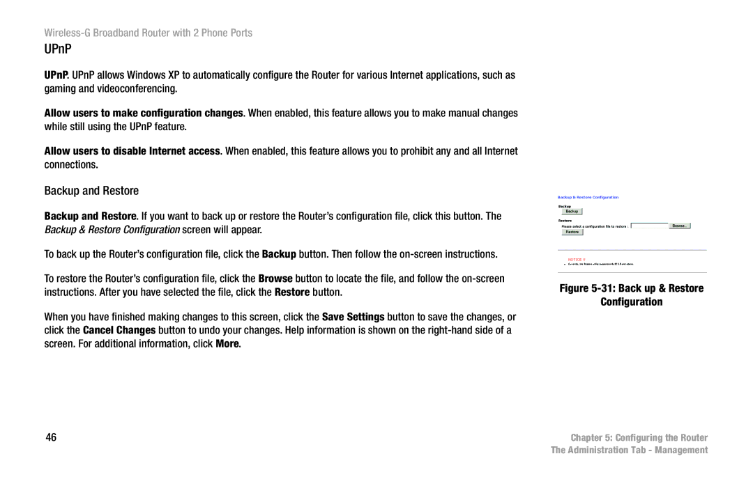 Linksys WRT54GP2 manual UPnP, Backup and Restore 