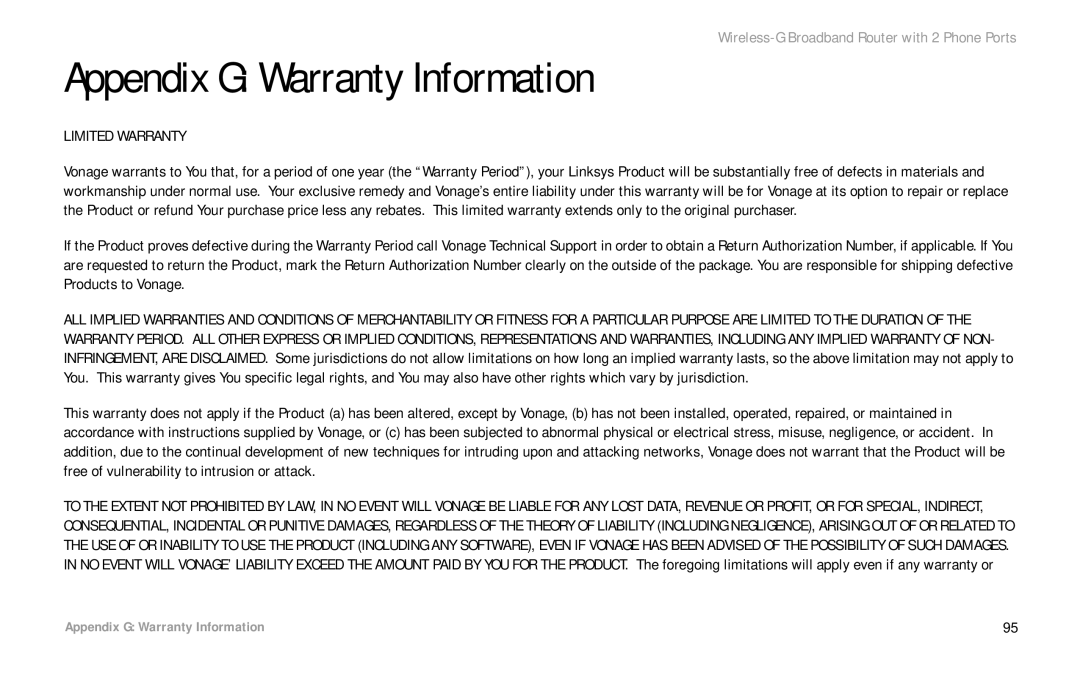 Linksys WRT54GP2 manual Appendix G Warranty Information, Limited Warranty 