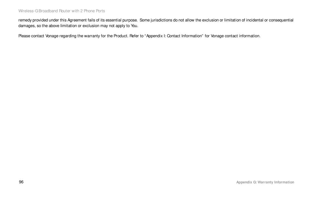 Linksys WRT54GP2 manual Appendix G Warranty Information 