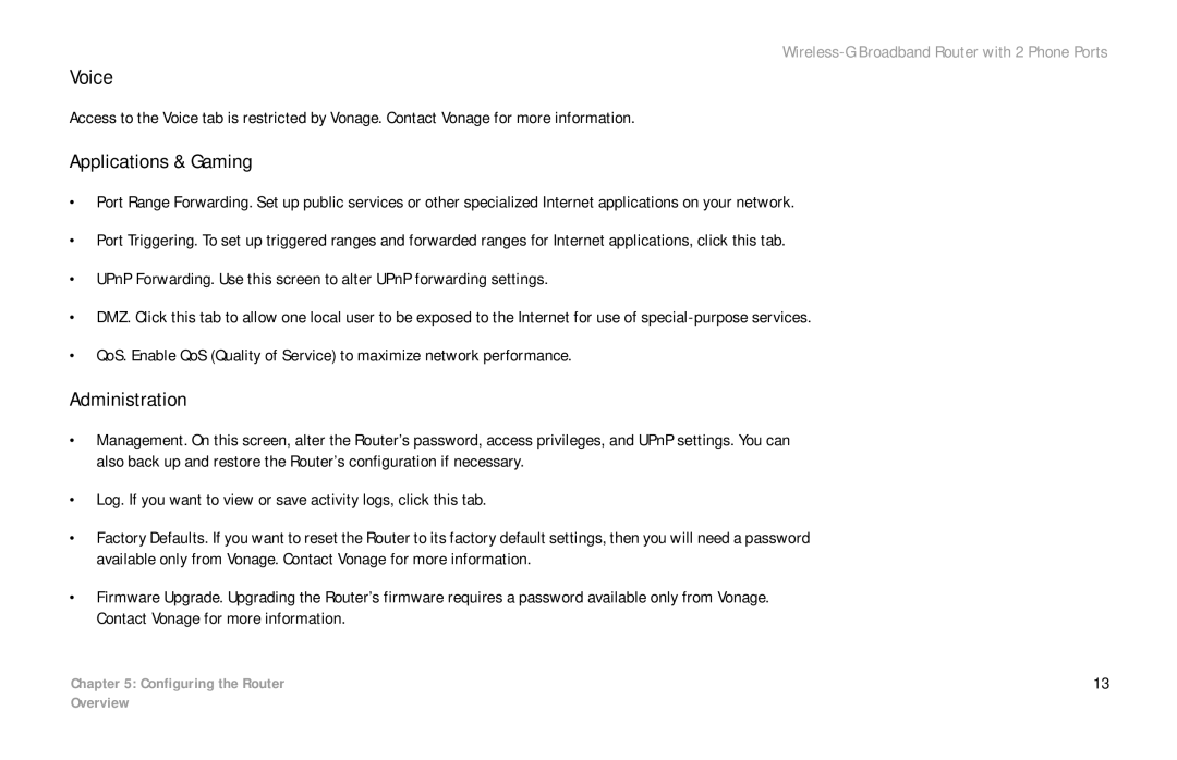 Linksys WRT54GP2 manual Voice, Applications & Gaming, Administration 