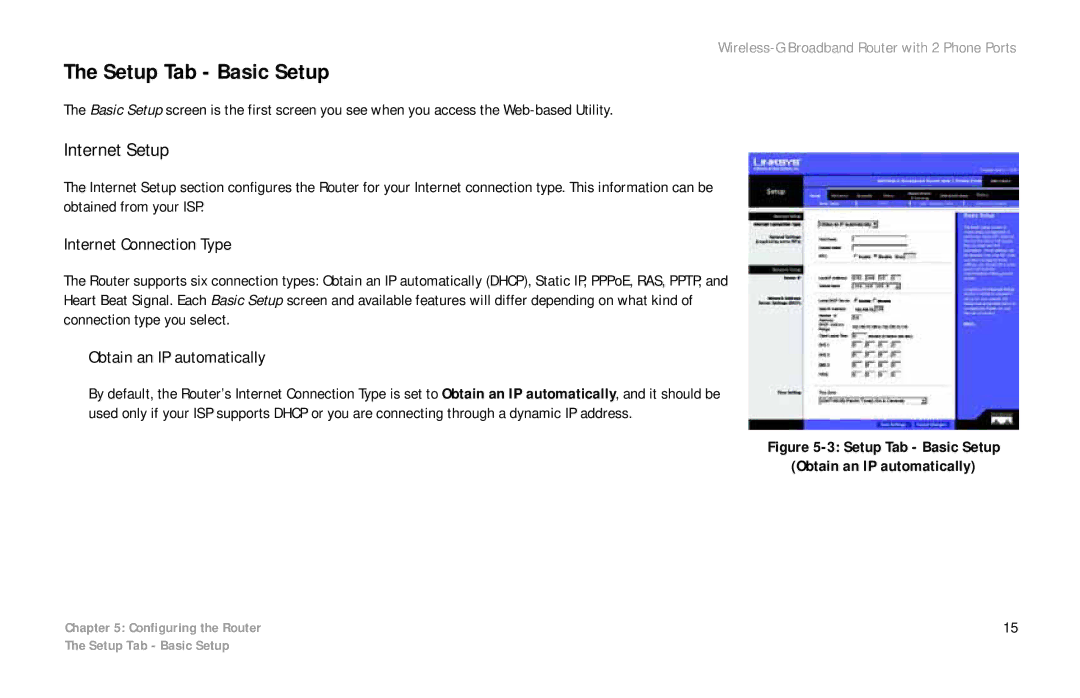 Linksys WRT54GP2 manual Setup Tab Basic Setup, Internet Setup, Internet Connection Type, Obtain an IP automatically 