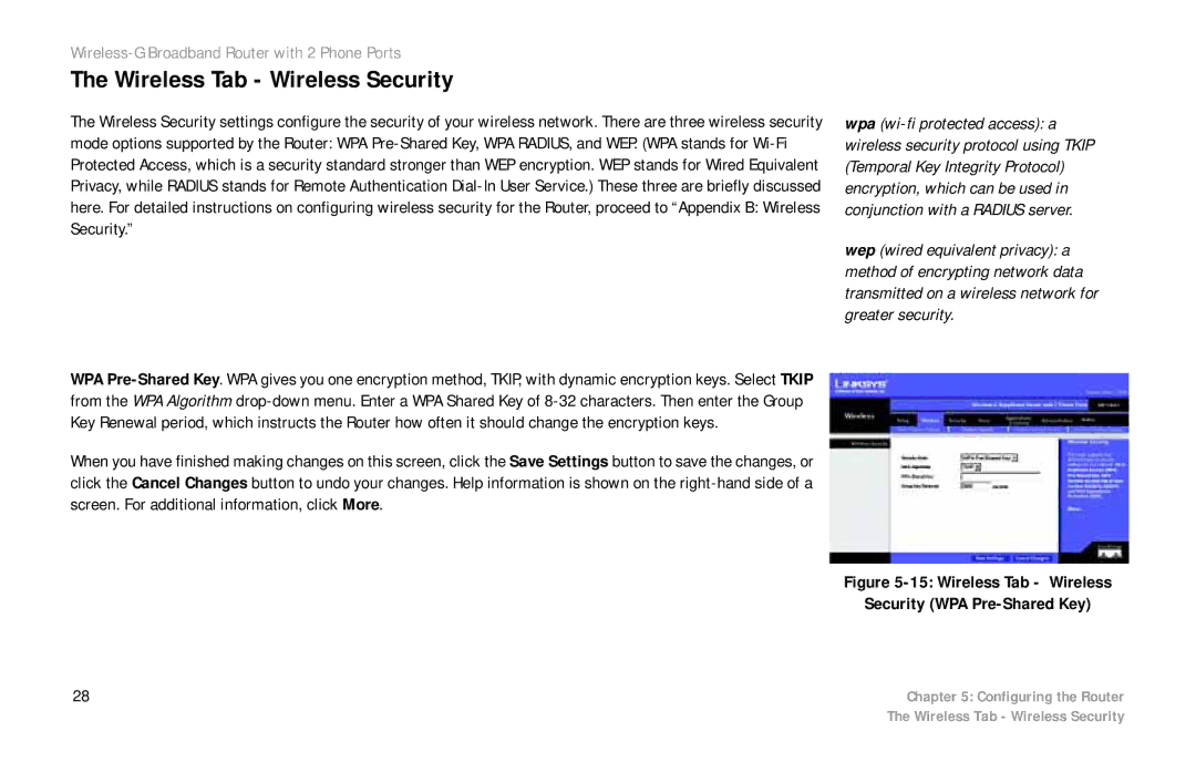 Linksys WRT54GP2 manual Wireless Tab Wireless Security WPA Pre-Shared Key 