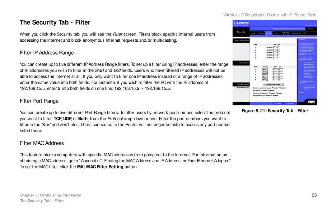 Linksys WRT54GP2 manual Security Tab Filter, Filter IP Address Range, Filter Port Range, Filter MAC Address 