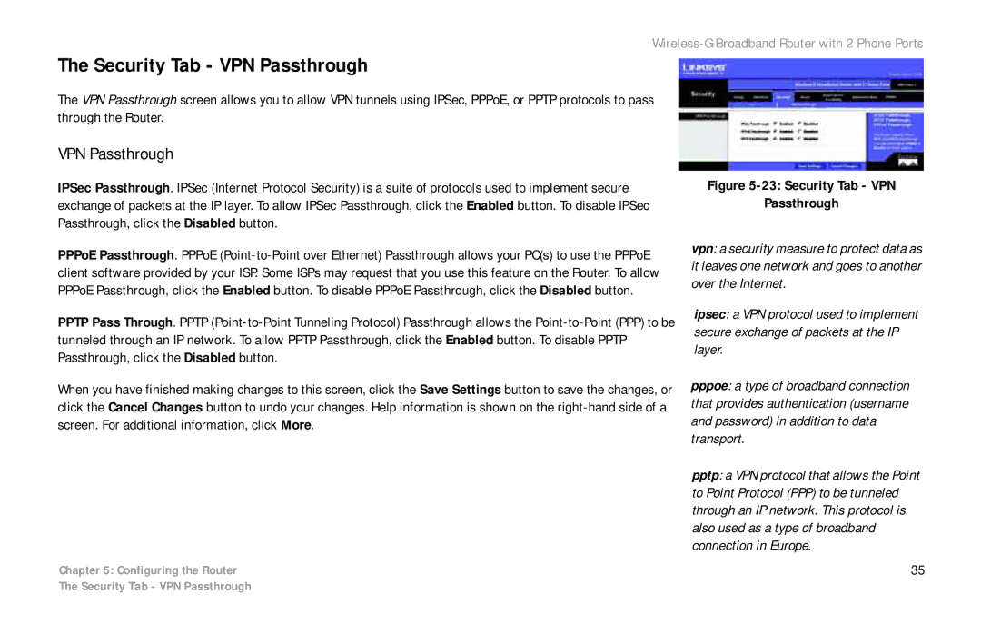 Linksys WRT54GP2 manual Security Tab VPN Passthrough 