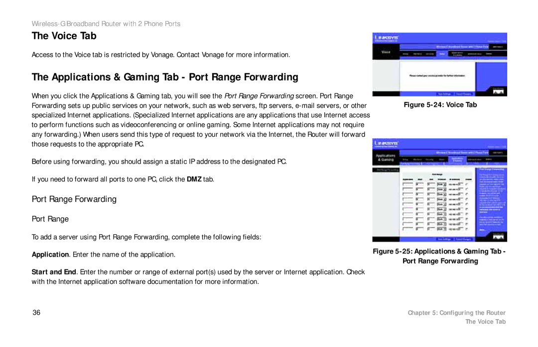 Linksys WRT54GP2 manual Voice Tab, Applications & Gaming Tab Port Range Forwarding 