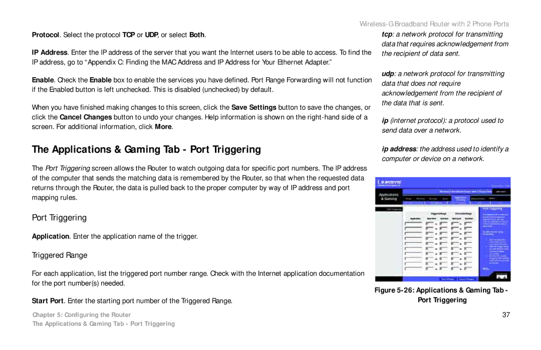 Linksys WRT54GP2 manual Applications & Gaming Tab Port Triggering 