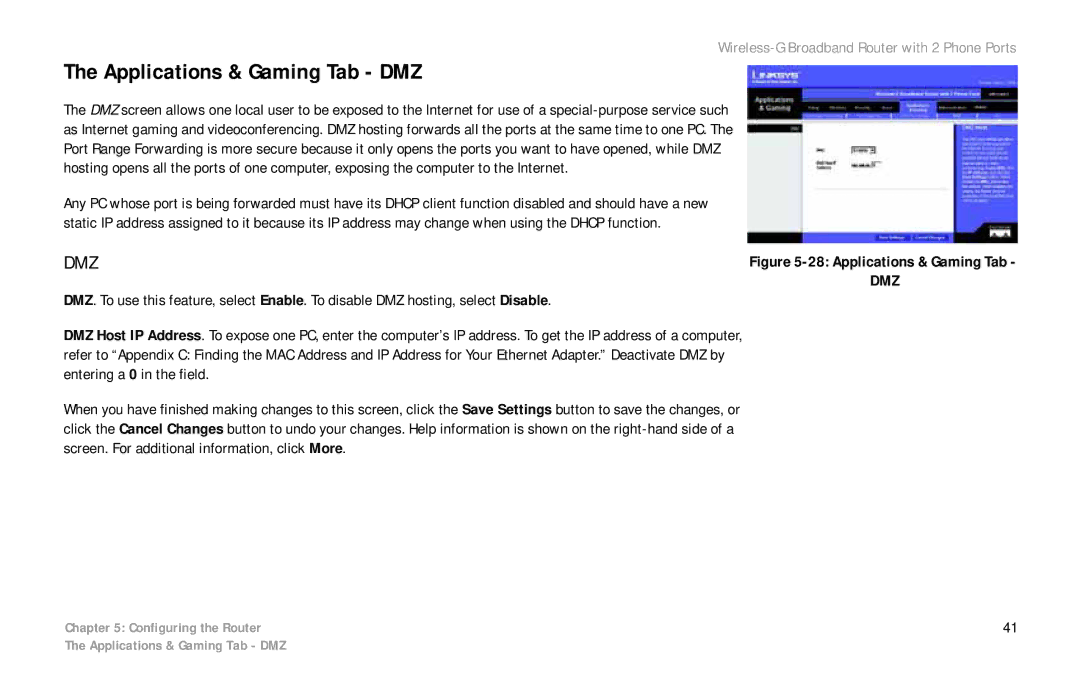 Linksys WRT54GP2 manual Applications & Gaming Tab DMZ, Dmz 