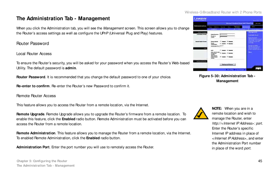 Linksys WRT54GP2 manual Administration Tab Management, Router Password, Local Router Access, Remote Router Access 