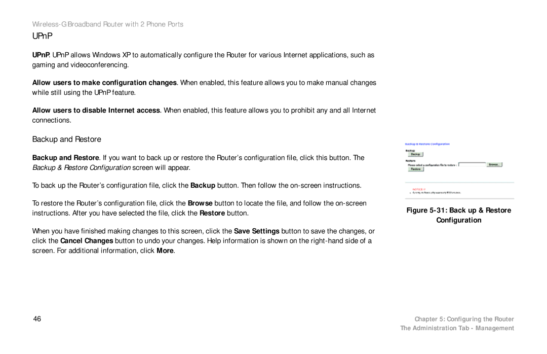 Linksys WRT54GP2 manual UPnP, Backup and Restore 
