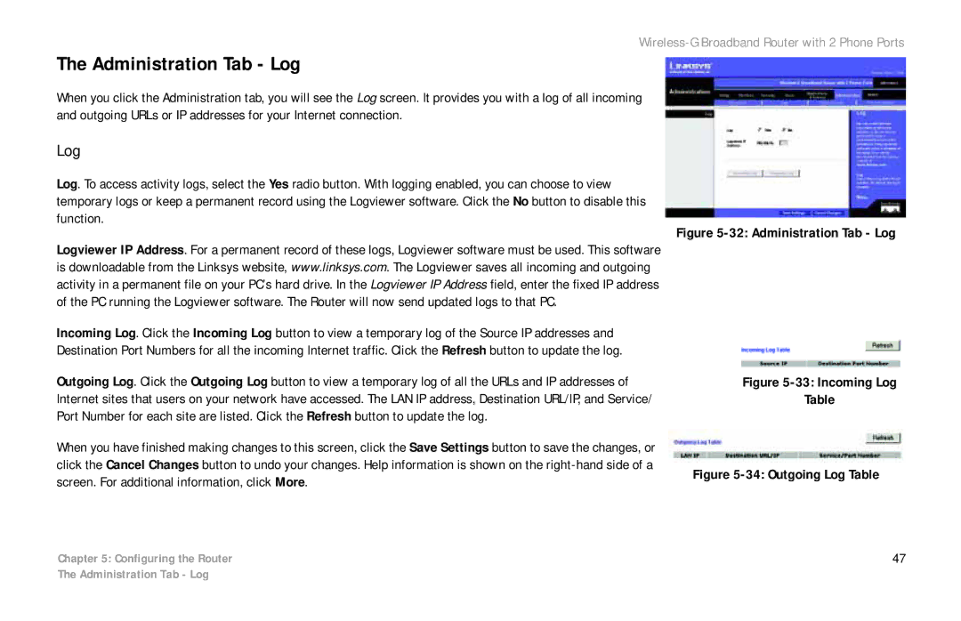 Linksys WRT54GP2 manual Administration Tab Log 