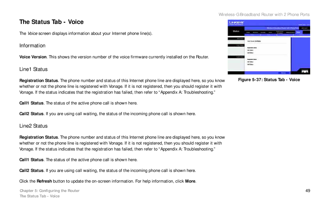 Linksys WRT54GP2 manual Status Tab Voice, Information, Line1 Status, Line2 Status 