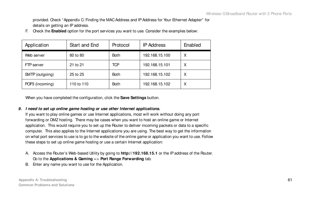 Linksys WRT54GP2 manual Application Start and End Protocol IP Address Enabled, Tcp 