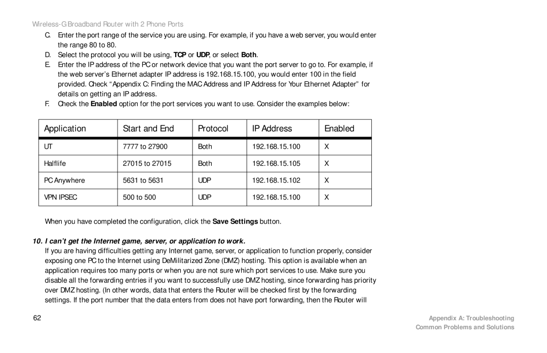 Linksys WRT54GP2 manual Can’t get the Internet game, server, or application to work 