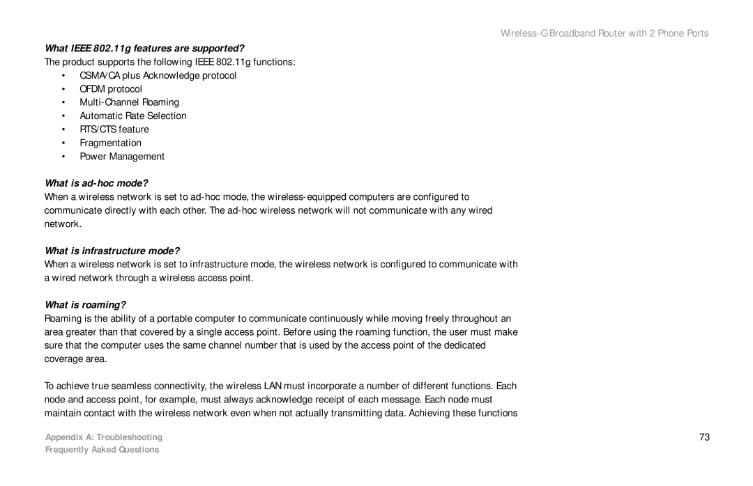 Linksys WRT54GP2 manual What Ieee 802.11g features are supported?, What is ad-hoc mode?, What is infrastructure mode? 