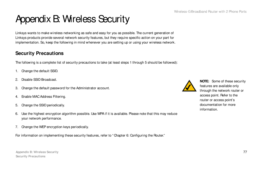 Linksys WRT54GP2 manual Appendix B Wireless Security, Security Precautions 