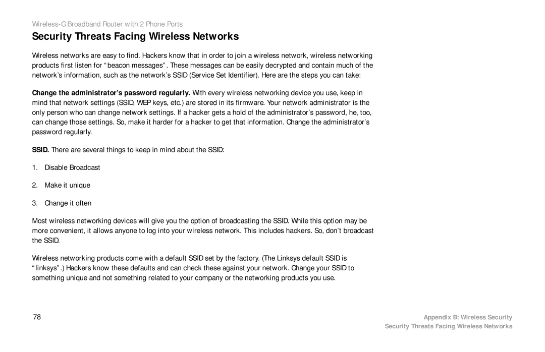 Linksys WRT54GP2 manual Security Threats Facing Wireless Networks 