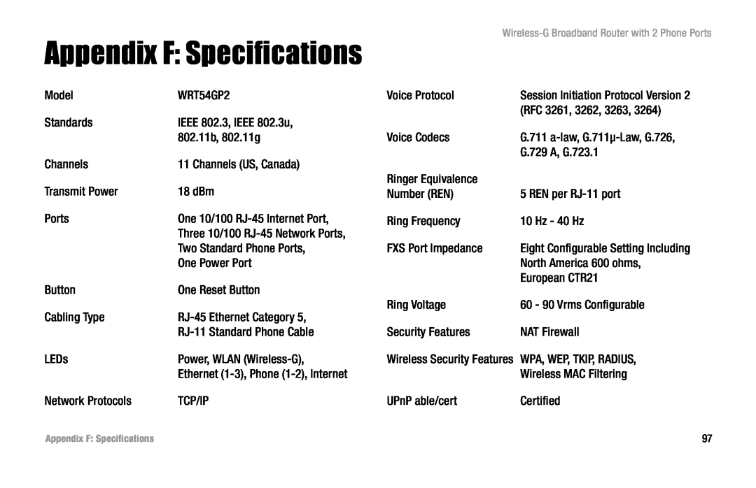 Linksys WRT54GP2 manual Appendix F Specifications 