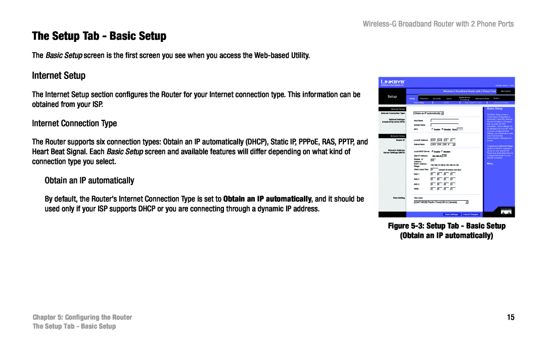 Linksys WRT54GP2 manual The Setup Tab - Basic Setup, Internet Setup, Wireless-G Broadband Router with 2 Phone Ports 