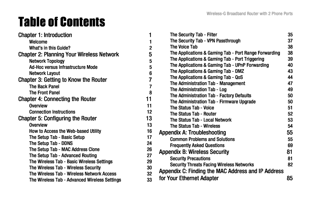 Linksys WRT54GP2 manual Table of Contents, Introduction, Planning Your Wireless Network, Getting to Know the Router 