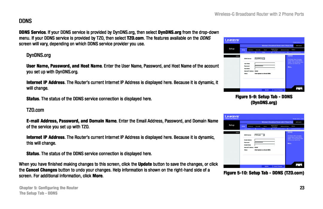 Linksys WRT54GP2 manual Ddns, DynDNS.org, TZO.com, Wireless-G Broadband Router with 2 Phone Ports 