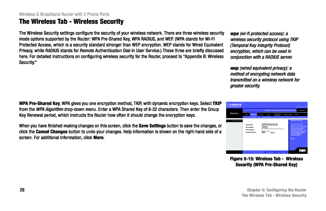Linksys WRT54GP2 manual The Wireless Tab - Wireless Security, Wireless-G Broadband Router with 2 Phone Ports 