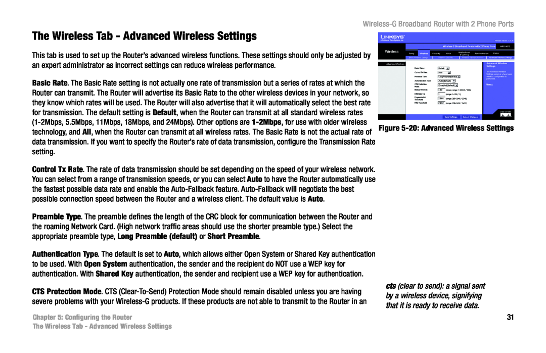 Linksys WRT54GP2 manual The Wireless Tab - Advanced Wireless Settings, Wireless-G Broadband Router with 2 Phone Ports 